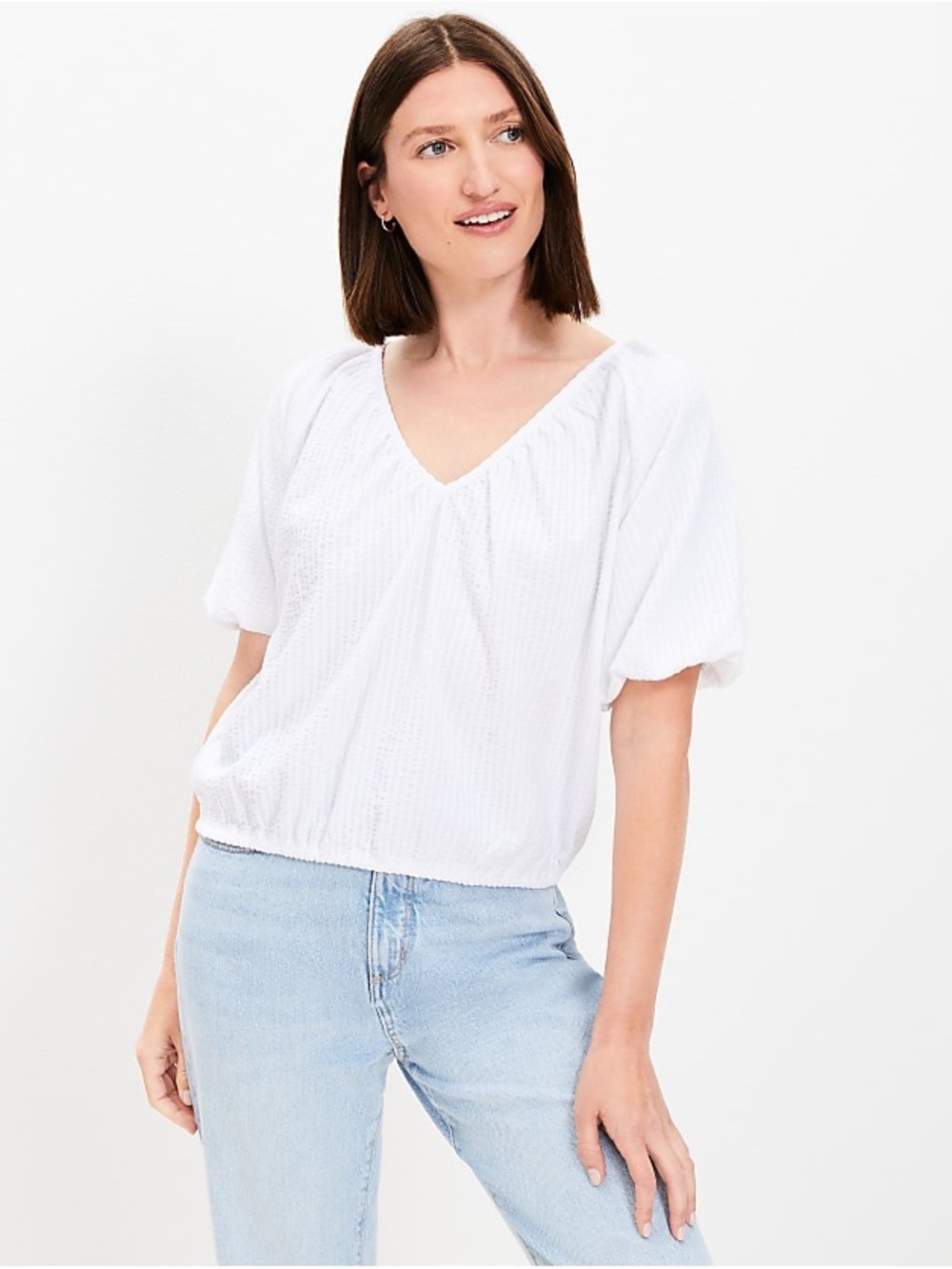 LOFT Crinkle Seersucker Bubble Hem V-Neck Puff Sleeve Top - Women